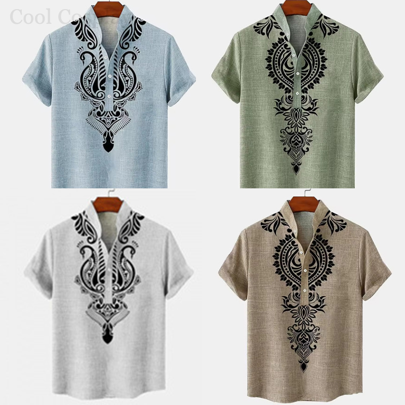 Ethnic Fashion Men - Herren Retro Henley-Shirt mit 3D-Druck im