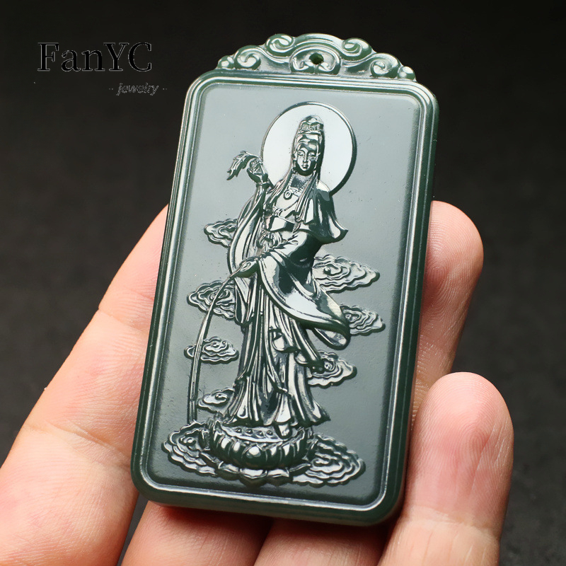 Ethnic Fashion Men - Natürliche Hetian Jade Qingyu Guanyin Halskette