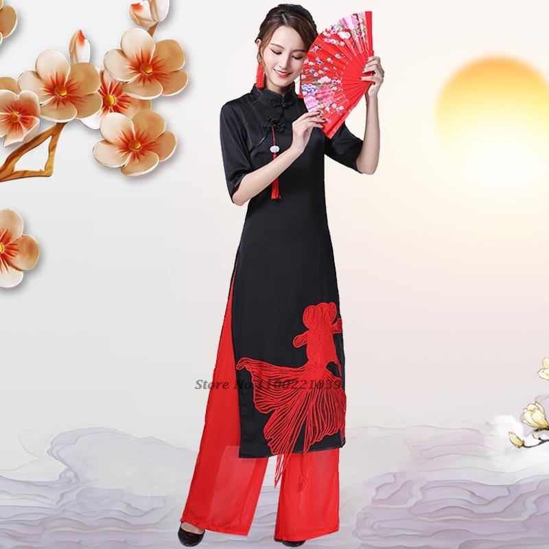 Ao Dai Vietnam Dress - 2026 Vietnam Vintage-Kleid mit nationaler Fischstickerei,