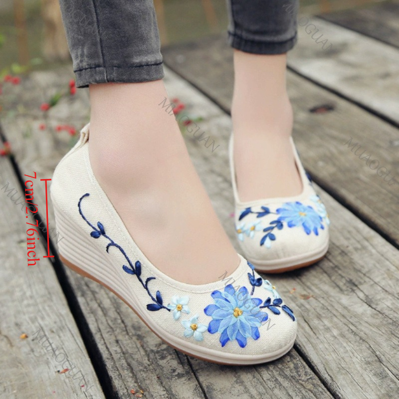 Ethnic Fashion - Bestickte Damen-Komfort-Keilabsatzschuhe, modische Schleifen-Damenschuhe mit hohen