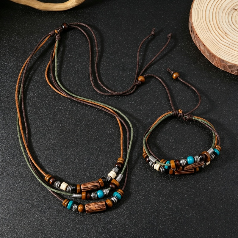 Fashion Ethnic Wear For Men - Vintage 2-Lagiges Kunstleder-Wachsseil-Schmuckset Holzanhänger Halskette Armband