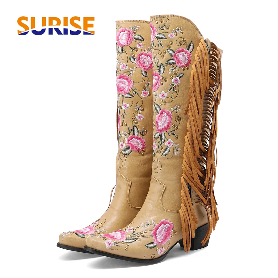 Ethnic Fashion - Mode Stickerei Blume Western Kniehohe Stiefel